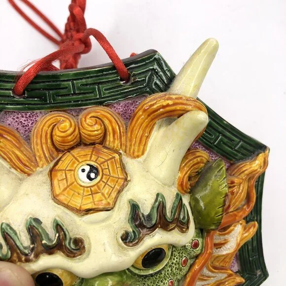 Chinese Yin Yang Dragon Hanging Plaque Pottery Red Tassels Guardian Feng Shui